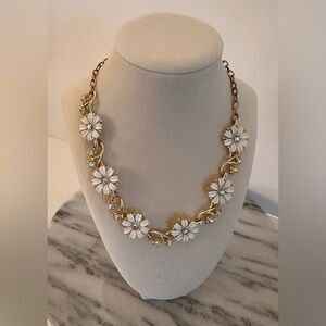 Vintage Elegant Gold and White Floral Necklace With Rhinestones Hook Closure